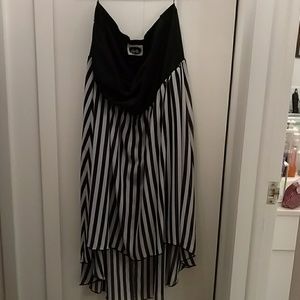 Deb Strapless black and white stripe hi low dress